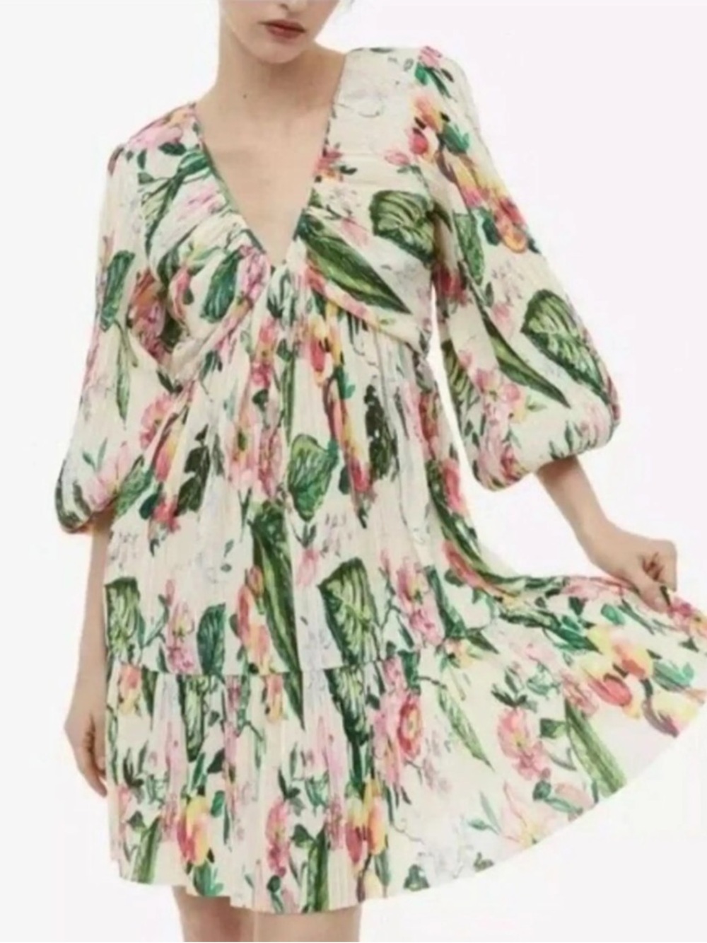 H&M Plisse Pleated Floral Mini Dress